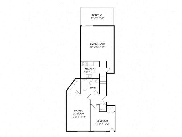 Floor plan for 2 beds, 1 bath, 850 sqft